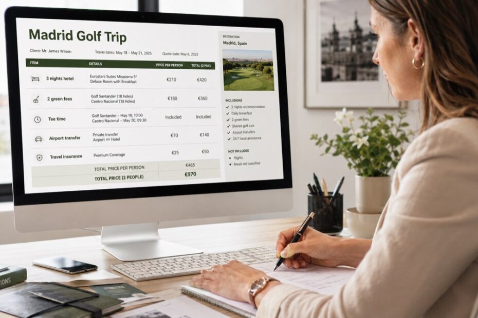 Travel agent reviewing a Madrid golf trip quote for a group