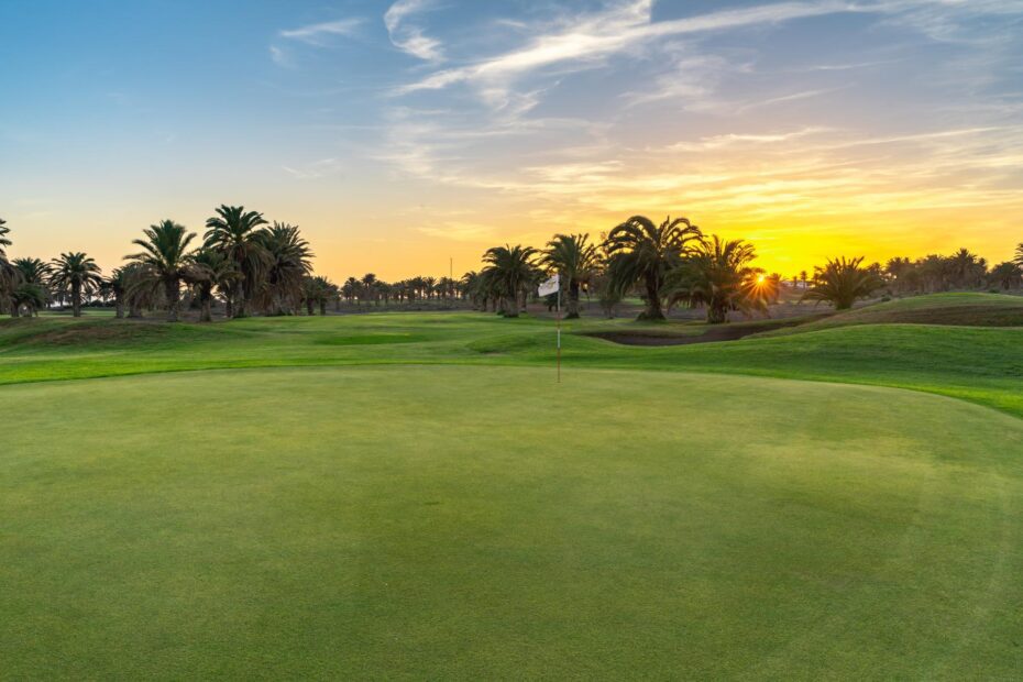 Green at Costa Teguise Golf at sunset: on a golf trip to Lanzarote the daylight ceiling decides the last tee time
