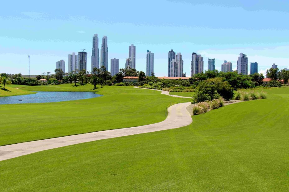 Fairway at The Santa María with the Panama City skyline behind, the urban course in play when quoting a golf group in Panama