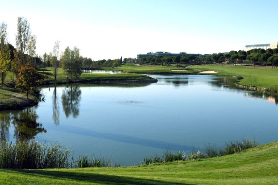 Lago y calle del campo de Golf Santander en Madrid