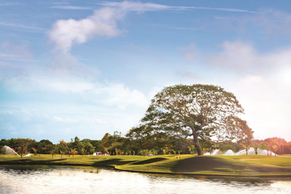 Calle y lago del campo de Buenaventura en una mañana despejada: la temporada de golf en Panamá dura todo el año